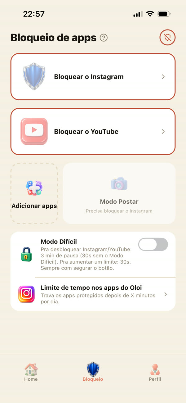 Tela de bloqueio de apps do Oloi