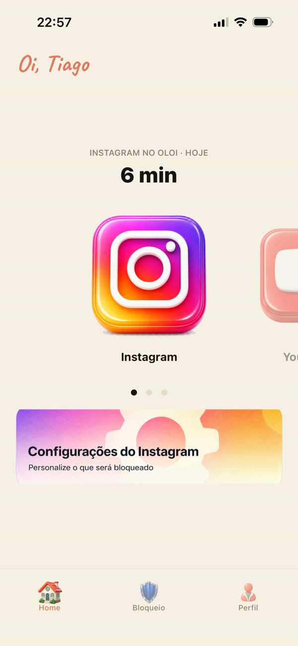 Tela inicial do Oloi com o tempo no Instagram hoje